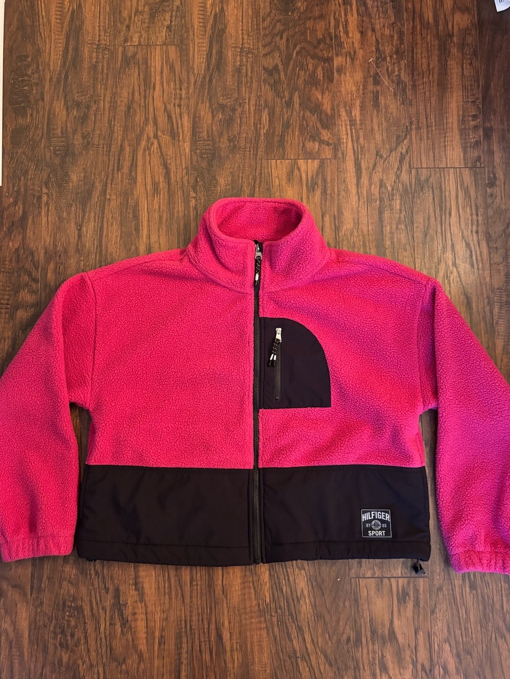 Tommy Hilfiger Pink and Black Colorblock Teddy Sherpa Fleece Crop Jacket L